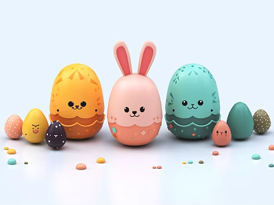 Easter Themed Decorative Ornament Set With Colorful Bunny Figure Painted Eggs And Smiling Faces 3d model
