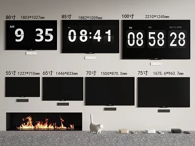 Various Size TVs With Digital Time Display In Living Room Setting With Fireplace 3d model