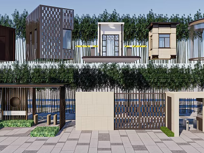 Modern Courtyard Design With Various Structures Green Plants And Stone Pavement 3d model