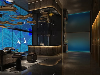 Modern Elegant Store Front Desk With Blue Backdrop Wall Marble Counter And Hanging Lights 3d model
