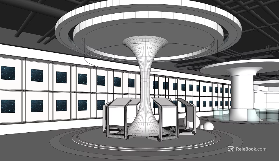Futuristic Indoor Space With Circular Ceiling Grid Pillar Display Units And Wall Screens 3d model