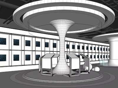 Futuristic Indoor Space With Circular Ceiling Grid Pillar Display Units And Wall Screens 3d model