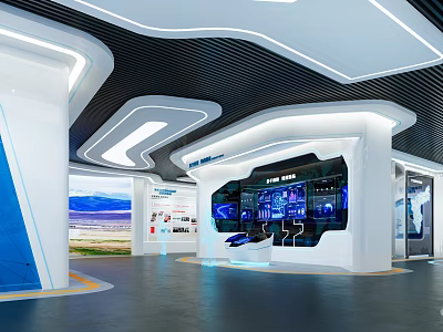 Modern Hi Tech Exhibition Hall Interior With Digital Screens Blue Lighting And Interactive Displays 3d model