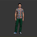 A Man Wearing Colorful Patterned T-Shirt Green Pants And Blue Shoes Against Gray Background