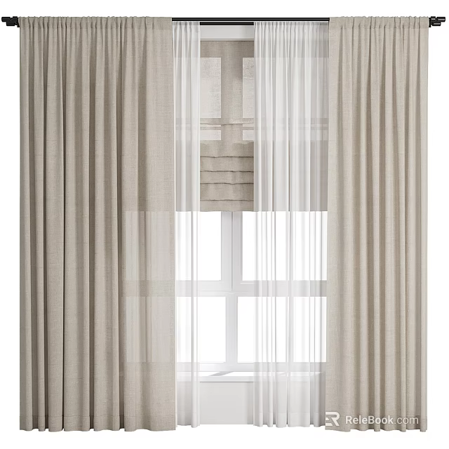 Beige Linen Curtains With Sheer Layer For Window Light Filtering Home Decor 3d model 