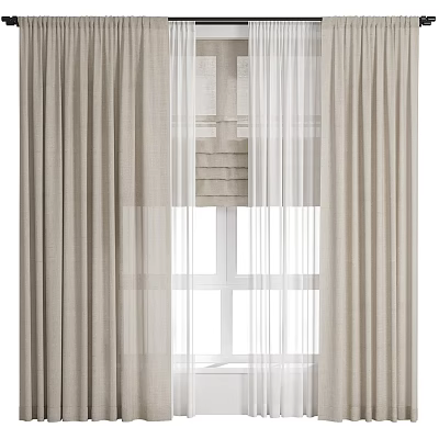 Beige Linen Curtains With Sheer Layer For Window Light Filtering Home Decor 3d model