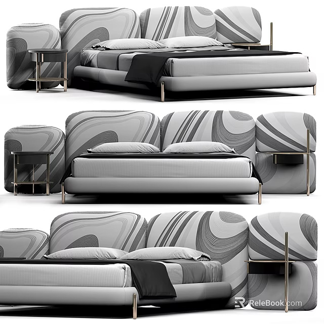 Stylish Modern Upholstered Double Bed With Geometric Headboard And Nightstands 3d model 