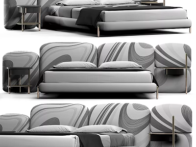 Stylish Modern Upholstered Double Bed With Geometric Headboard And Nightstands 3d model