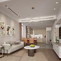 Modern Living Dining Room Interior With Beige Sofa Round Coffee Table Dining Chairs and Chandelier