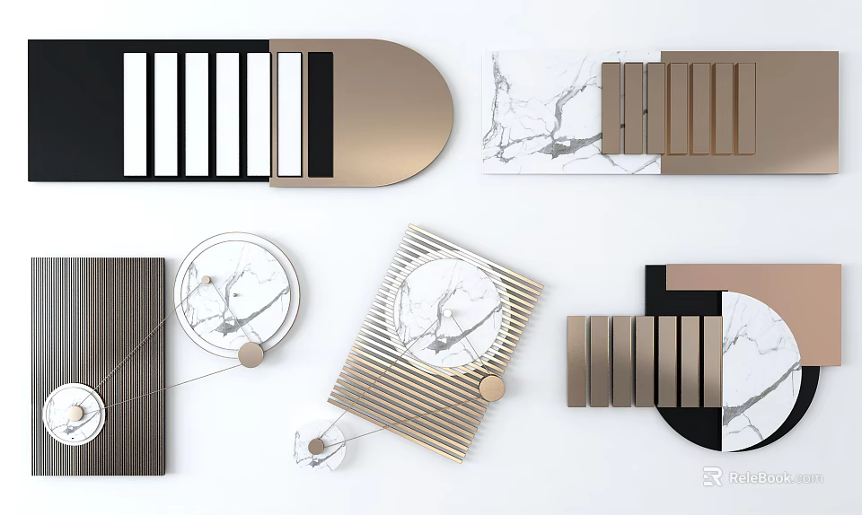 Modern Geometric Wall Decor with Marble Elements Metal Strips and Circular Designs 3d model 