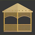 Yellow Wooden Gazebo Model With Hexagonal Base Triangular Roof Arched Doorway And Lattice Fence
