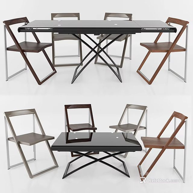 Modern Dining Table Set With Black Tabletop And Wooden Metal Chairs 3d model 