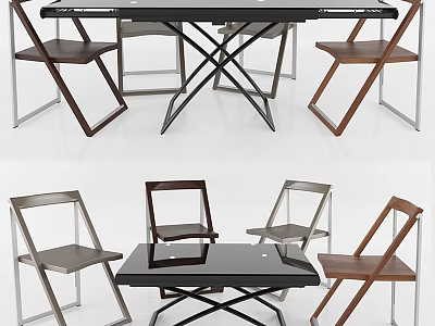 Modern Dining Table Set With Black Tabletop And Wooden Metal Chairs 3d model