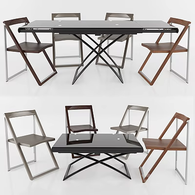 Modern Dining Table Set With Black Tabletop And Wooden Metal Chairs 3d model