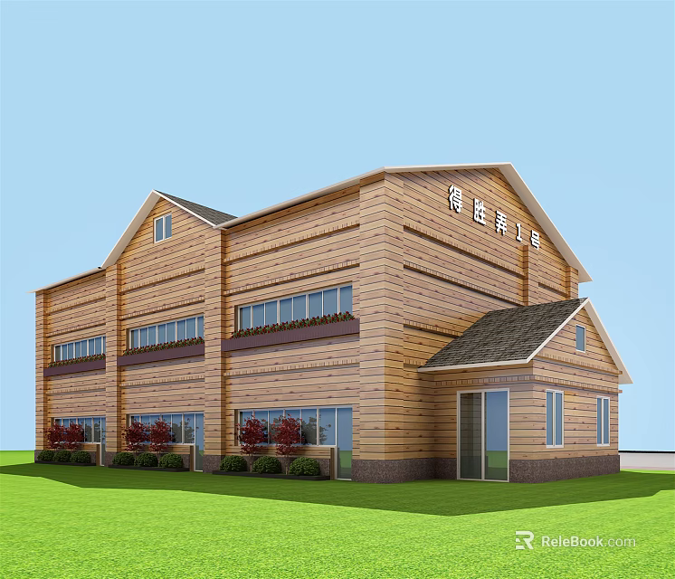 Modern Two Story Wooden House Exterior With Green Lawn Shrubs And Windows 3d model 