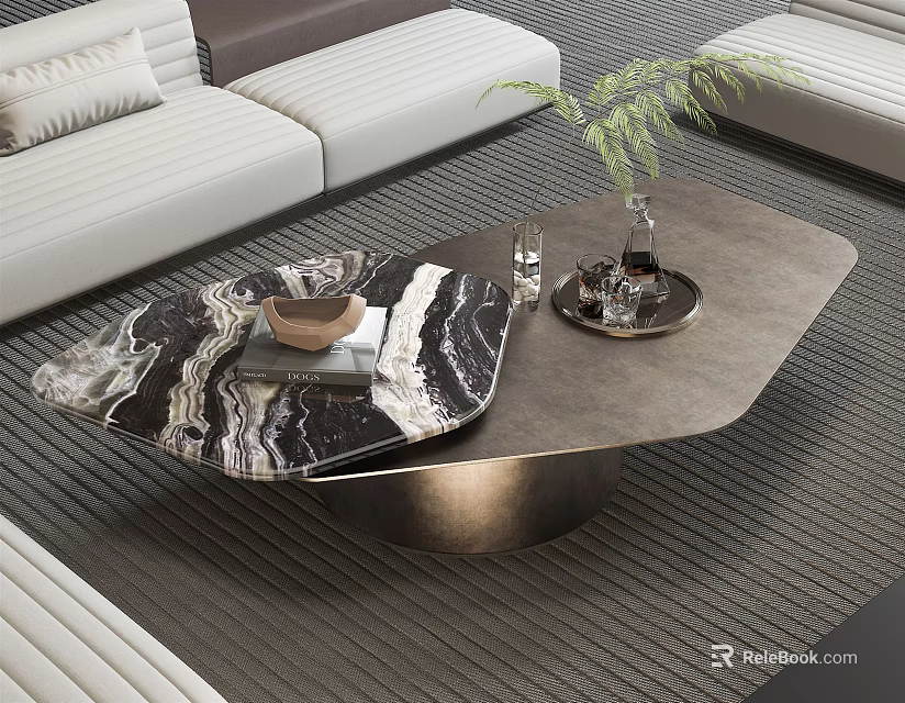 Modern Living Room Coffee Table With Marble Textured Top And Metal Base Design 3d model 