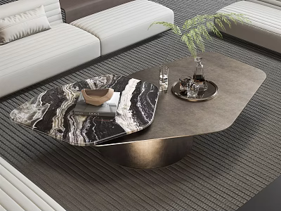 Modern Living Room Coffee Table With Marble Textured Top And Metal Base Design 3d model