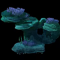Layered Stone Wood Rock Formation With Green Plants And Blue Coral Details