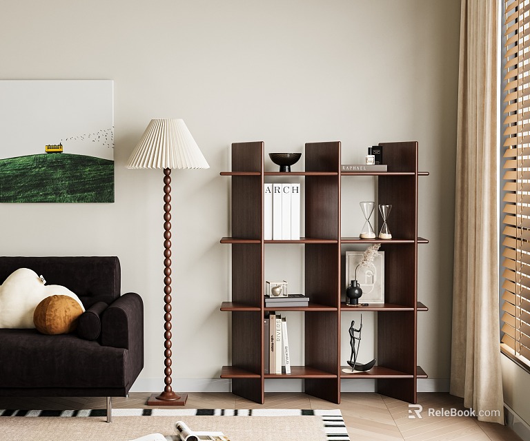 Elegant Modern Wooden Open Storage Shelf in Living Room Interior With Books and Decorative Items 3d model 