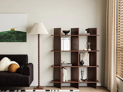 Elegant Modern Wooden Open Storage Shelf in Living Room Interior With Books and Decorative Items 3d model