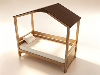 Simple Modern Single Bed With Wooden Frame Canopy Roof And White Mattress 3d model