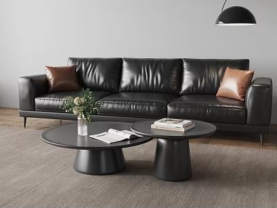 Black Leather Three Seater Sofa In Living Room Interior With Brown Cushions Round Coffee Tables 3d model