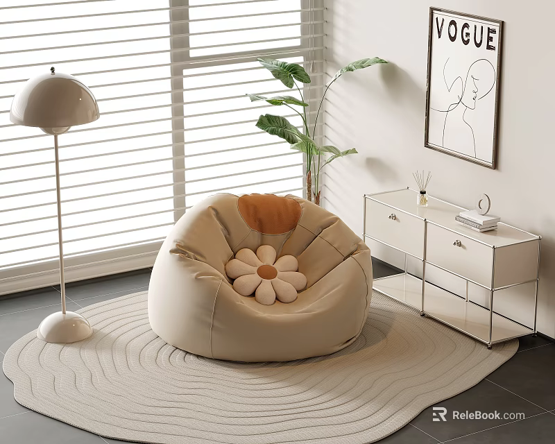 Beige Single Sofa with Flower Shaped Cushion Floor Lamp Green Plant and Wave Patterned Rug 3d model 