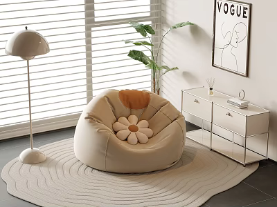 Beige Single Sofa with Flower Shaped Cushion Floor Lamp Green Plant and Wave Patterned Rug 3d model