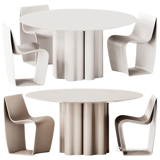 Modern Minimalist Dining Table Set With Round Table And Curved Light Colored Chairs 3d model