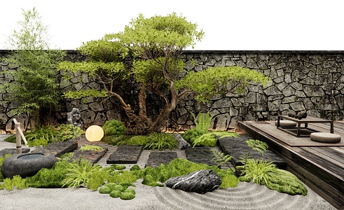 New Chinese Style Slate Ting Step Micro-terrain Plant Landscape Courtyard Landscape Dry Mountain Water Moss Flowers and Plants Pile Green Slate Road 3d model