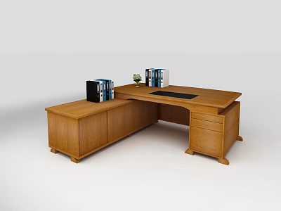 Wooden L Shaped Office Desk With Drawers Cabinets Binders Plant And Mouse Pad 3d model