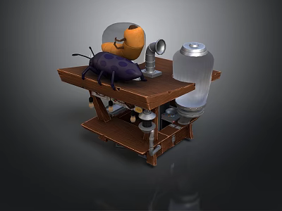 Wooden Workbench Display with Purple Beetle Orange Device and Transparent Jar Setup 3d model