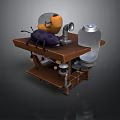 Wooden Workbench Display with Purple Beetle Orange Device and Transparent Jar Setup