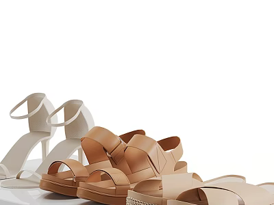 Stylish Summer Shoes With Crisscross Straps Beige Brown Leather Heeled Flat Design 3d model