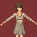 3D Girl Character With Brown Hair Striped Sweater Gray Skirt Red Background Arms Outstretched