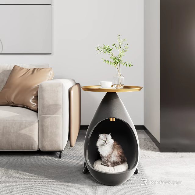Elegant Modern Side Table With Golden Tray Top Small Plant Cup And Cat Underneath 3d model 