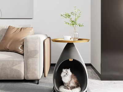 Elegant Modern Side Table With Golden Tray Top Small Plant Cup And Cat Underneath 3d model