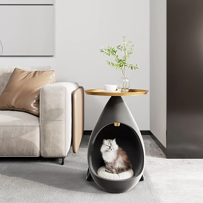 Elegant Modern Side Table With Golden Tray Top Small Plant Cup And Cat Underneath 3d model