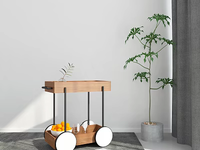 Wooden Cart With Black Frame White Wheels Fruits And Green Plant In Modern Interior 3d model