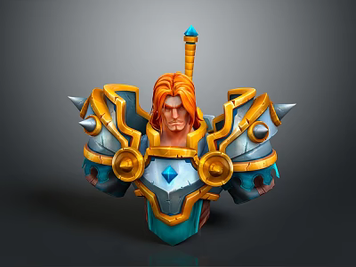 Detailed Gold Blue Spiked Armor with Round Ornaments Gemstone and Orange Hair Figure 3d model