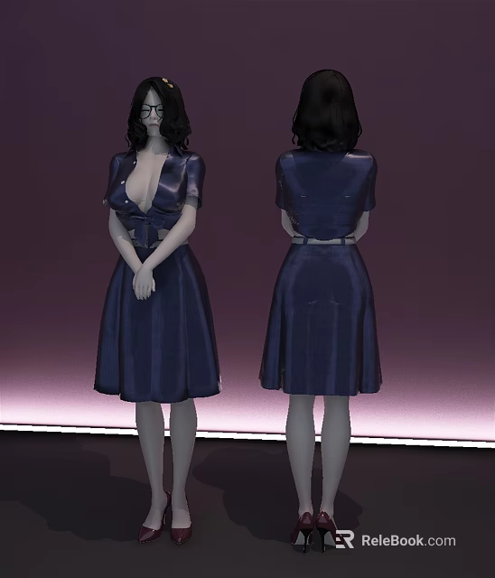 Model Wearing Elegant Blue Satin Dress With V Neck Short Sleeves Front Back View 3d model 