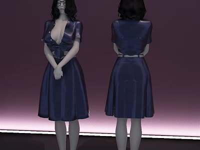 Model Wearing Elegant Blue Satin Dress With V Neck Short Sleeves Front Back View 3d model