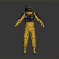 Space Character In Yellow Protective Suit With Helmet Gloves And Backpack Equipment
