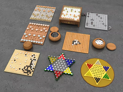 Board Games Entertainment with Chess Go Checkers Colorful Pieces and Storage Jars on Wooden Boards 3d model