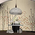 Hotel Lobby Bar with Curved Backdrop Orange Leaf Patterns and Yellow Floral Decorations