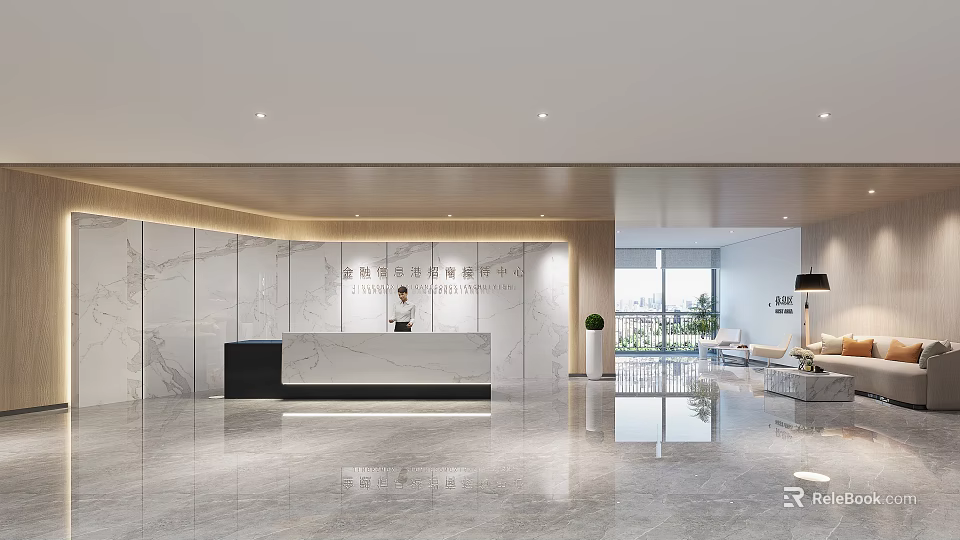 Modern Front Desk Reception Area With Marble Wall Seating Lounge And Large Windows 3d model