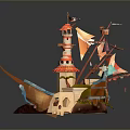 Pirate Ship Model With Skull Shaped Hull Tower Flags Colorful Sails And Decorative Details