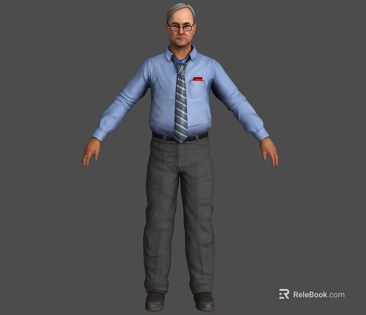 Game Movie Character in Blue Shirt Gray Tie Gray Pants With Glasses Professional Attire 3d model 