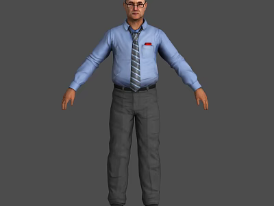 Game Movie Character in Blue Shirt Gray Tie Gray Pants With Glasses Professional Attire 3d model