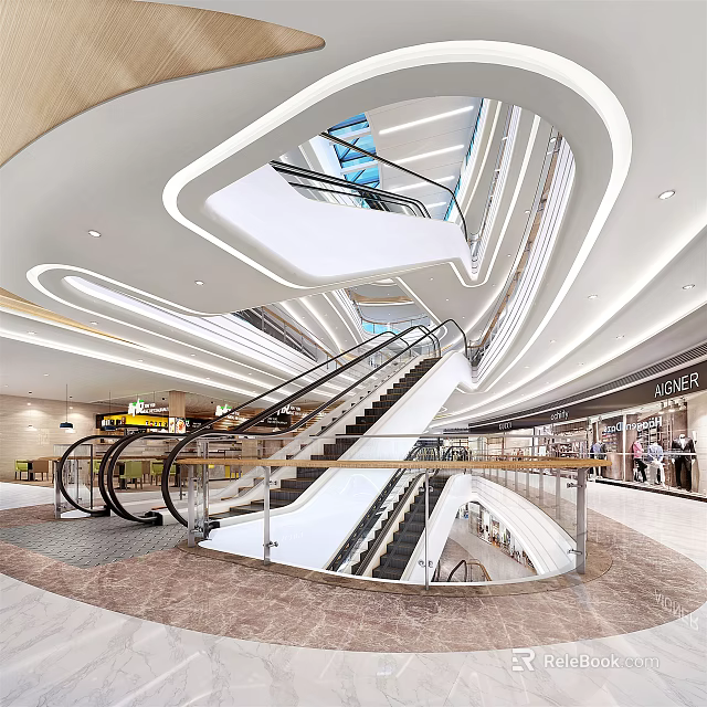 Modern Shopping Mall Atrium With Escalators Stairs Curved Ceiling And Marble Floor 3d model 